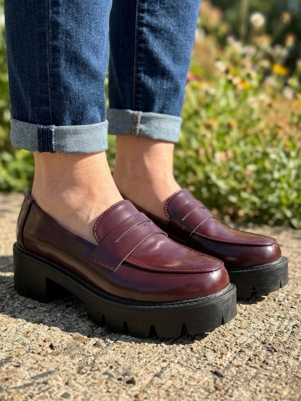 New Burgundy Chunky Lug Sole Penny Loafers Oxblood Platform Dress Shoes Sz 39 EU